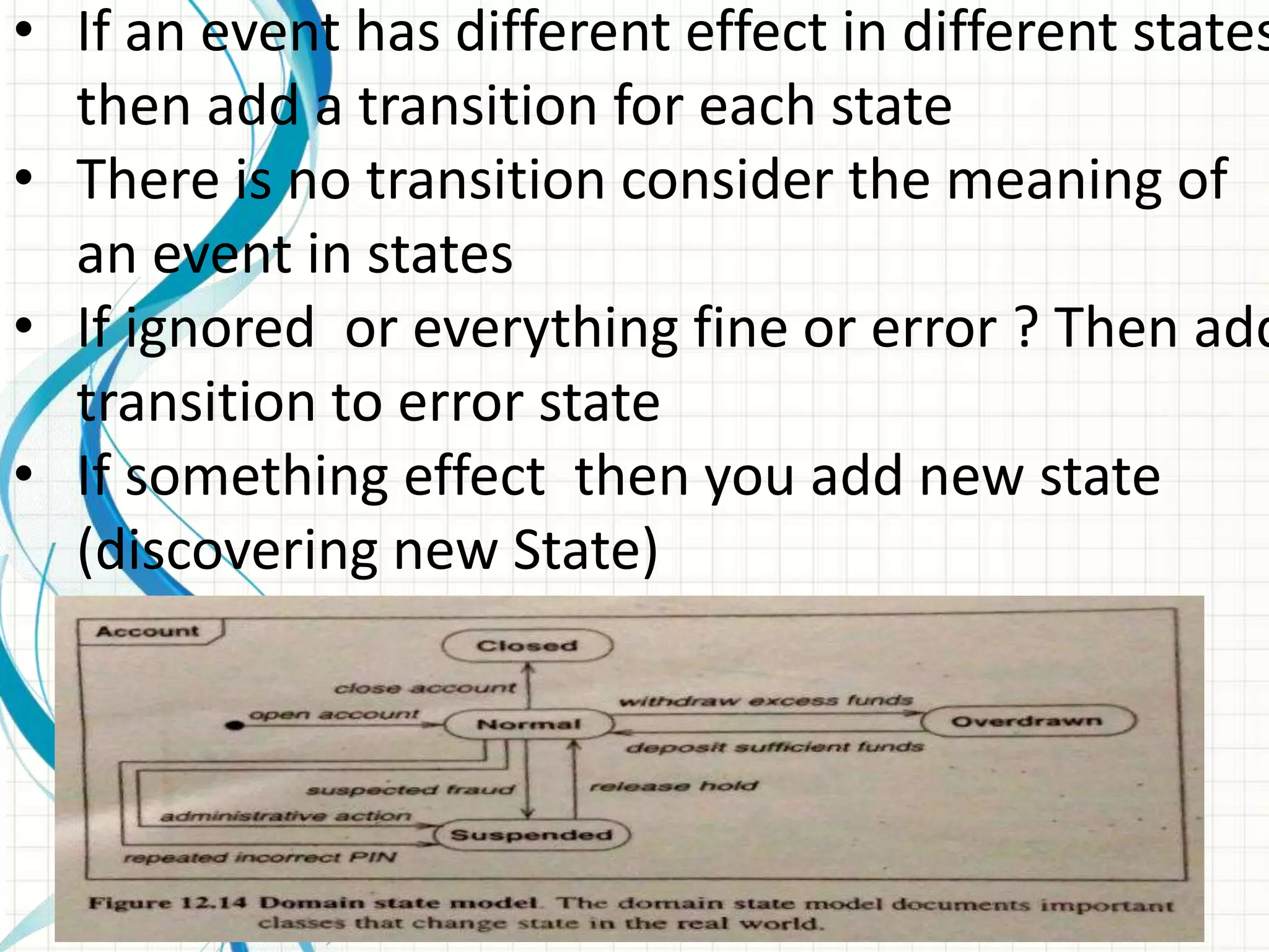 • If an event has different effect in different states
then add a transition for each state
• There is no transition consider the meaning of
an event in states
• If ignored or everything fine or error ? Then add
transition to error state
• If something effect then you add new state
(discovering new State)
 