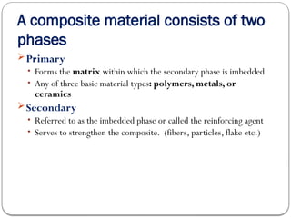 A composite material consists of two
phases
Primary
• Forms the matrix within which the secondary phase is imbedded
• Any of three basic material types: polymers, metals, or
ceramics
Secondary
• Referred to as the imbedded phase or called the reinforcing agent
• Serves to strengthen the composite. (fibers, particles, flake etc.)
 