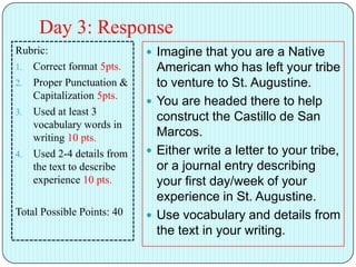 Day 3: Response
Rubric:
1. Correct format 5pts.
2. Proper Punctuation &
Capitalization 5pts.
3. Used at least 3
vocabulary words in
writing 10 pts.
4. Used 2-4 details from
the text to describe
experience 10 pts.
Total Possible Points: 40
Imagine that you are a Native
American who has left your tribe
to venture to St. Augustine.
You are headed there to help
construct the Castillo de San
Marcos.
Either write a letter to your tribe,
or a journal entry describing
your first day/week of your
experience in St. Augustine.
Use vocabulary and details from
the text in your writing.