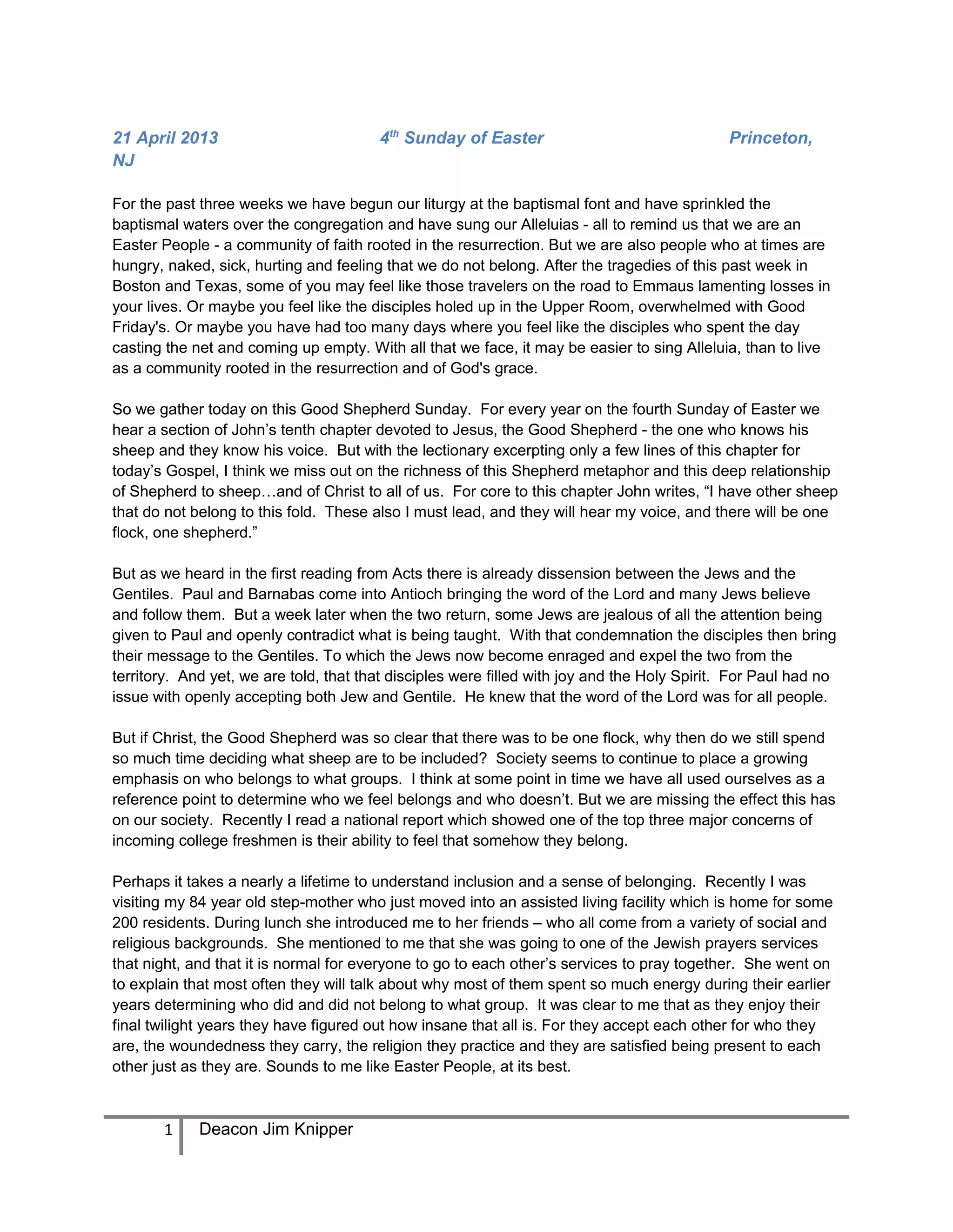 Homily: Fourth Sunday of Easter Cycle C PDF Homily: Fourth Sunday of Easter Cycle C PDF