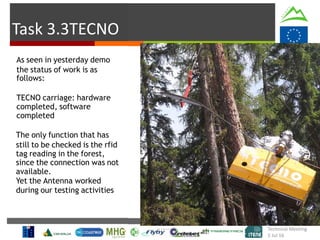 Task 3.3TECNO
As seen in yesterday demo
the status of work is as
follows:
TECNO carriage: hardware
completed, software
completed
The only function that has
still to be checked is the rfid
tag reading in the forest,
since the connection was not
available.
Yet the Antenna worked
during our testing activities
Technical Meeting
5 Jul 16
 