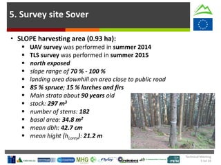 5. Survey site Sover
• SLOPE harvesting area (0.93 ha):
 UAV survey was performed in summer 2014
 TLS survey was performed in summer 2015
 north exposed
 slope range of 70 % - 100 %
 landing area downhill on area close to public road
 85 % spruce; 15 % larches and firs
 Main strata about 90 years old
 stock: 297 m3
 number of stems: 182
 basal area: 34.8 m2
 mean dbh: 42.7 cm
 mean hight (hLorey): 21.2 m
Technical Meeting
5 Jul 16
 