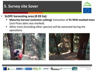 5. Survey site Sover
• SLOPE harvesting area (0.93 ha):
 Maturity harvest (selective cutting): Extraction of 91 RFID marked trees
(Just Picea abies was marked)
 Other trees (including other species) will be extracted during the
operations
Technical Meeting
5 Jul 16
 
