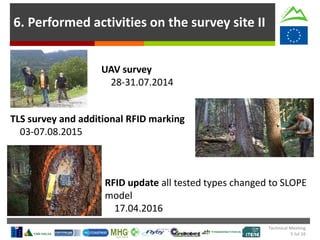 6. Performed activities on the survey site II
RFID update all tested types changed to SLOPE
model
17.04.2016
TLS survey and additional RFID marking
03-07.08.2015
UAV survey
28-31.07.2014
Technical Meeting
5 Jul 16
 