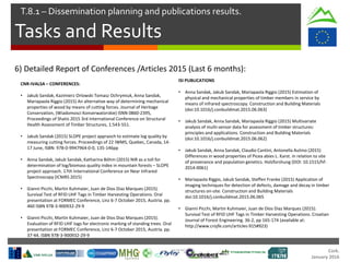 Cork.
January 2016
Tasks and Results
T.8.1 – Dissemination planning and publications results.
6) Detailed Report of Conferences /Articles 2015 (Last 6 months):
CNR-IVALSA – CONFERENCES:
• Jakub Sandak, Kazimierz Orlowski Tomasz Ochrymiuk, Anna Sandak,
Mariapaola Riggio (2015) An alternative way of determining mechanical
properties of wood by means of cutting forces. Journal of Heritage
Conservation, (Wiadomosci Konserwatorskie) ISNN 0860-2395,
Proceedings of Shatis 2015 3rd International Conference on Structural
Health Assessment of Timber Structures, 1:543-551.
• Jakub Sandak (2015) SLOPE project appraoch to estimate log quality by
measuring cutting forces. Proceedings of 22 IWMS, Quebec, Canada, 14-
17 June, ISBN: 978-0-9947964-0-0, 135-146pp
• Anna Sandak, Jakub Sandak, Katharina Böhm (2015) NIR as a toll for
determination of log/biomass quality index in mountain forests – SLOPE
project approach. 17th International Conference on Near Infrared
Spectroscopy (ICNIRS 2015)
• Gianni Picchi, Martin Kuhmaier, Juan de Dios Diaz Marques (2015).
Survival Test of RFID UHF Tags in Timber Harvesting Operations. Oral
presentation at FORMEC Conference, Linz 6-7 October 2015, Austria. pp.
460 ISBN 978-3-900932-29-9
• Gianni Picchi, Martin Kuhmaier, Juan de Dios Diaz Marques (2015).
Evaluation of RFID UHF tags for electronic marking of standing trees. Oral
presentation at FORMEC Conference, Linz 6-7 October 2015, Austria. pp.
37-44. ISBN 978-3-900932-29-9
ISI PUBLICATIONS
• Anna Sandak, Jakub Sandak, Mariapaola Riggio (2015) Estimation of
physical and mechanical properties of timber members in service by
means of infrared spectroscopy. Construction and Building Materials
(doi:10.1016/j.conbuildmat.2015.06.063)
• Jakub Sandak, Anna Sandak, Mariapaola Riggio (2015) Multivariate
analysis of multi-sensor data for assessment of timber structures:
principles and applications. Construction and Building Materials
(doi:10.1016/j.conbuildmat.2015.06.062)
• Jakub Sandak, Anna Sandak, Claudio Cantini, Antonella Autino (2015)
Differences in wood properties of Picea abies L. Karst. in relation to site
of provenance and population genetics. Holzforshung (DOI: 10.1515/hf-
2014-0061)
• Mariapaola Riggio, Jakub Sandak, Steffen Franke (2015) Application of
imaging techniques for detection of defects, damage and decay in timber
structures on-site. Construction and Building Materials
doi:10.1016/j.conbuildmat.2015.06.065
• Gianni Picchi, Martin Kuhmaier, Juan de Dios Diaz Marques (2015).
Survival Test of RFID UHF Tags in Timber Harvesting Operations. Croatian
Journal of Forest Engineering. 36-2, pp 165-174 (available at:
http://www.crojfe.com/articles-915#923)
 