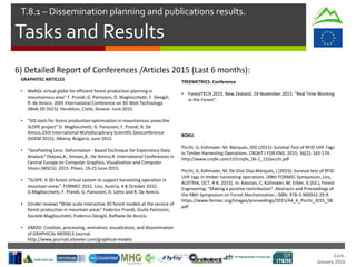 Cork.
January 2016
Tasks and Results
T.8.1 – Dissemination planning and publications results.
6) Detailed Report of Conferences /Articles 2015 (Last 6 months):
GRAPHITEC ARTICLES
• WebGL virtual globe for efficient forest production planning in
mountainous area“ F. Prandi, G. Panizzoni, D. Magliocchetti, F. Devigili,
R. de Amicis. 20th International Conference on 3D Web Technology
(Web 3D 2015). Heraklion, Crete, Greece. June 2015.
• "GIS tools for forest production optimization in mountainous areas:the
SLOPE project“ D. Magliocchetti, G. Panizzoni, F. Prandi, R. De
Amicis.15th International Multidisciplinary Scientific Geoconference
(SGEM 2015). Albena, Bulgaria, June 2015.
• "GeoPeeling Lens: Deformation - Based Technique for Exploratory Data
Analysis“ Debiasi,A., Simoes,B., De Amicis,R. International Conferences in
Central Europe on Computer Graphics, Visualization and Computer
Vision (WSCG) 2015. Pilsen, 19-25 June 2015.
• "SLOPE: A 3D forest virtual system to support harvesting operation in
mountain areas". FORMEC 2015. Linz, Austria, 4-8 October 2015.
D.Magliocchetti, F. Prandi, G. Panizzoni, D. Lotto and R. De Amicis.
• (Under review) "Wide scale interactive 3D forest models at the service of
forest production in mountain areas" Federico Prandi, Giulio Panizzoni,
Daniele Magliocchetti, Federico Devigili, Raffaele De Amicis.
• GMOD: Creation, processing, animation, visualization, and dissemination
of GRAPHICAL MODELS Journal.
http://www.journals.elsevier.com/graphical-models
TREEMETRICS: Conference
• ForestTECH 2015. New Zealand. 19 November 2015. "Real Time Working
in the Forest".
BOKU:
Picchi, G; Kühmaier, M; Marques, JDD (2015): Survival Test of RFID UHF Tags
in Timber Harvesting Operations. CROAT J FOR ENG. 2015; 36(2): 165-174.
http://www.crojfe.com/r/i/crojfe_36-2_15/picchi.pdf
Picchi, G; Kühmaier, M; De Dios Díaz Marqués, J (2015): Survival test of RFID
UHF tags in timber harvesting operations. [48th FORMEC Symposium, Linz,
AUSTRIA, OCT, 4-8, 2015]. In: Kanzian, C; Kühmaier, M; Erber, G (Ed.), Forest
Engineering: "Making a positive contribution". Abstracts and Proceedings of
the 48th Symposium on Forest Mechanization.; ISBN: 978-3-900932-29-9.
https://www.formec.org/images/proceedings/2015/A4_4_Picchi_2015_58.
pdf
 