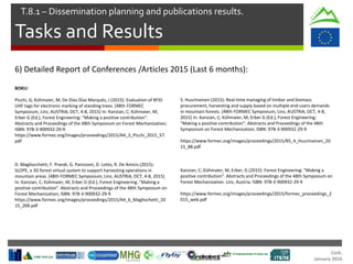 Cork.
January 2016
Tasks and Results
T.8.1 – Dissemination planning and publications results.
6) Detailed Report of Conferences /Articles 2015 (Last 6 months):
BOKU:
Picchi, G; Kühmaier, M; De Dios Díaz Marqués, J (2015): Evaluation of RFID
UHF tags for electronic marking of standing trees. [48th FORMEC
Symposium, Linz, AUSTRIA, OCT, 4-8, 2015] In: Kanzian, C; Kühmaier, M;
Erber G (Ed.), Forest Engineering: "Making a positive contribution".
Abstracts and Proceedings of the 48th Symposium on Forest Mechanization;
ISBN: 978-3-900932-29-9
https://www.formec.org/images/proceedings/2015/A4_3_Picchi_2015_57.
pdf
D. Magliocchetti, F. Prandi, G. Panizzoni, D. Lotto, R. De Amicis (2015):
SLOPE, a 3D forest virtual system to support harvesting operations in
mountain areas. [48th FORMEC Symposium, Linz, AUSTRIA, OCT, 4-8, 2015]
In: Kanzian, C; Kühmaier, M; Erber G (Ed.), Forest Engineering: "Making a
positive contribution". Abstracts and Proceedings of the 48th Symposium on
Forest Mechanization; ISBN: 978-3-900932-29-9
https://www.formec.org/images/proceedings/2015/A4_6_Magliochetti_20
15_206.pdf
S. Huurinainen (2015): Real-time managing of timber and biomass
procurement, harvesting and supply based on multiple end-users demands
in mountain forests. [48th FORMEC Symposium, Linz, AUSTRIA, OCT, 4-8,
2015] In: Kanzian, C; Kühmaier, M; Erber G (Ed.), Forest Engineering:
"Making a positive contribution". Abstracts and Proceedings of the 48th
Symposium on Forest Mechanization; ISBN: 978-3-900932-29-9
https://www.formec.org/images/proceedings/2015/B5_4_Huurinainen_20
15_88.pdf
Kanzian, C; Kühmaier, M; Erber, G (2015): Forest Engineering: "Making a
positive contribution". Abstracts and Proceedings of the 48th Symposium on
Forest Mechanization. Linz, Austria. ISBN: 978-3-900932-29-9
https://www.formec.org/images/proceedings/2015/formec_proceedings_2
015_web.pdf
 