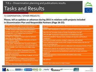 Cork.
January 2016
Tasks and Results
T.8.1 – Dissemination planning and publications results.
Please, tell us updates or advances during 2015 in relations with projects included
in Dissemination Plan and Responsible Partners (Page 34-37):
7) COOPERATION / OTHER PROJECTS
FP7 KBBE “Innovative and effective technology and logistics for
forest residual biomass supply in the EU” (www.infres.eu)
FP7 KBBE “Advanced multifunctional forest management in
European mountain ranges” (http://www.arange-project.eu)
FP7 INFRA-2011-1.1.13 “Designing Trees for the future”
(http://www.trees4future.eu/)
FP7 STREP i-Tour “intelligent Transport system for Optimized
URban trips” (as tech. manager)
ICT-PSP BRISEIDE “BRIdging SErvices, Information and Data for
Europe”,(www.briseide.eu)
ICT-PSP i-SCOPE “interoperable Smart City services through an
Open Platform for urban Ecosystems”, (www.iscopeproject.net).
ICT-PSP SUNSHINE “Smart Urban services for Higher energy
efficiency”
NATO Science for Peace GEPSUS “Geographical Information
Processing for Environmental Pollutionrelated Security within
Urban Scale environments“.
BISYPLAN - The Bioenergy System Planners Handbook, part of the -
BIOENAREA/INTEREG
BiQUEEN – Quality Biomass for Efficient Energy production;
NNE5-2000-0395 “Forest Energy – A solution for the Future Power
Needs”;
LdV WESST “Wood Energy Supply System Training”;
QLRT-2000-0645 “Storm damaged forests: efficient and safe harvesting and log conservation
methods”;
QLRT 99 – 0991 “Development of a protocol for ecoefficient wood harvesting on sensitive sites";
AIR2-CT94-1102 "Harvesting, drying and storage of energy biomass from SRF”;
AIR2-CT94-0905 “Improvement of coppice forests in the Mediterranean region”
LIFE94/F/A151/EU/00713 "Mountain forests: techniques for long-term multi-functional
management";
Gatto delle funi (tracked automotive carriage) in collaboration with UNACOMA
Freeman 1800 (programmable forestry winch), computer-controlled machine with drive and
motor PID controlling device
HT 30 (carriage with cable ejection system) in collaboration with Autonomous Province of Trento
LEW (electronic winch) for the management of take-off ramps on ski jumping hills
TG 860 (carriage cableway) first load-identification machine with transport autonomous
management
TECNO totally autonomous remote-controlled self-propelled motor carriage
Flexwood (EU FP7)
IRIS ( ERA-NET)
BESTFACT: Best Practice Factory for Freight Transport,
 