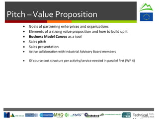 Cork.
January 2016
Pitch –Value Proposition
Technical
• Goals of partnering enterprises and organizations
• Elements of a strong value proposition and how to build up it
• Business Model Canvas as a tool
• Sales pitch
• Sales presentation
• Active collaboration with Industrial Advisory Board members
• Of course cost structure per activity/service needed in parallel first (WP 4)
 