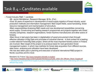 Cork.
January 2016
Task 8.4 – Canditates available
• Forest Industry R&D: 1 canditate
•Mr. Jarmo Hämäläinen, Research Manager, M.Sc. (For)
•Over 30 years of experince in development of wood supply logistics of forest industry, wood
production methods and information management. Main expert fields, wood harvesting, forest
resource management and mechanisation of silviculture.
•Main responsibilities:Analysing R&D needs and new development possibilities concerning
wood supply. Constructing and leading research programmes and projects together with forest
industry companies, research organisations, forest machine manufacturers and other actors of
forestry
•Main focus in last years has been in digitalisation of wood procurement chain through
effective utilization of Big Data and principles of industrial internet. In that context he is leading
a wide national Forest Big Data project, where all the most important forestry actors in Finland
are involved. Main target of the project is to produce basis for next generation forest
management system, in which new methdos for forest data acquisition from different sources,
data fusion, analysing and utilization have been developed.
•He has also taken part in planning and execution of several international R&D-project in
Nordic countries and EU level.
Metsäteho Oy Finland; http://www.metsateho.fi/briefly-in-english/
• http://www.metsateho.fi/wp-content/uploads/Tehokas-puuhuolto_2025_EN_Efficient_Wood_Supply.pdf
• Development goal 2025 Wood supply to produce added value to the value chain while being 30% more cost
efficient than today
Technical Meeting
20/Jan/16
 