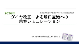 ダイヤ改正による羽田空港への
乗客シミュレーション
2016年
（右のような集めた時刻表を入力していた…）
第２回武蔵野大学数理工学コンテスト最優秀賞受賞！
 