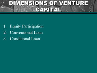 DIMENSIONS OF VENTUREDIMENSIONS OF VENTURE
CAPITALCAPITAL
1. Equity Participation
2. Conventional Loan
3. Conditional Loan
 