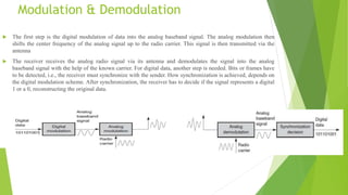 Modulation & Demodulation
 The first step is the digital modulation of data into the analog baseband signal. The analog modulation then
shifts the center frequency of the analog signal up to the radio carrier. This signal is then transmitted via the
antenna
 The receiver receives the analog radio signal via its antenna and demodulates the signal into the analog
baseband signal with the help of the known carrier. For digital data, another step is needed. Bits or frames have
to be detected, i.e., the receiver must synchronize with the sender. How synchronization is achieved, depends on
the digital modulation scheme. After synchronization, the receiver has to decide if the signal represents a digital
1 or a 0, reconstructing the original data.
 