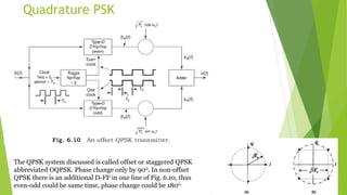 Quadrature PSK
The QPSK system discussed is called offset or staggered QPSK
abbreviated OQPSK. Phase change only by 900. In non-offset
QPSK there is an additional D-FF in one line of Fig. 6.10, thus
even-odd could be same time, phase change could be 1800.
 