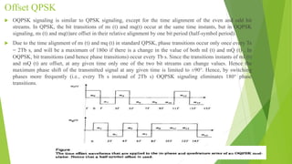 Offset QPSK
 OQPSK signaling is similar to QPSK signaling, except for the time alignment of the even and odd bit
streams. In QPSK, the bit transitions of mI (t) and mq(t) occur at the same time instants, but in OQPSK
signaling, mI (t) and mq(t)are offset in their relative alignment by one bit period (half-symbol period).
 Due to the time alignment of mI (t) and mq (t) in standard QPSK, phase transitions occur only once every Ts
= 2Tb s, and will be a maximum of 180o if there is a change in the value of both mI (t) and mQ (t) . In
OQPSK, bit transitions (and hence phase transitions) occur every Tb s. Since the transitions instants of mI (t)
and mQ (t) are offset, at any given time only one of the two bit streams can change values. Hence the
maximum phase shift of the transmitted signal at any given time is limited to ±90°. Hence, by switching
phases more frequently (i.e., every Tb s instead of 2Tb s) OQPSK signaling eliminates 180° phase
transitions.
 