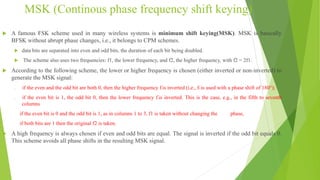MSK (Continous phase frequency shift keying)
 A famous FSK scheme used in many wireless systems is minimum shift keying(MSK). MSK is basically
BFSK without abrupt phase changes, i.e., it belongs to CPM schemes.
 data bits are separated into even and odd bits, the duration of each bit being doubled.
 The scheme also uses two frequencies: f1, the lower frequency, and f2, the higher frequency, with f2 = 2f1.
 According to the following scheme, the lower or higher frequency is chosen (either inverted or non-inverted) to
generate the MSK signal:
 if the even and the odd bit are both 0, then the higher frequency f2 is inverted (i.e., f2 is used with a phase shift of 180°);
 if the even bit is 1, the odd bit 0, then the lower frequency f1 is inverted. This is the case, e.g., in the fifth to seventh
columns
if the even bit is 0 and the odd bit is 1, as in columns 1 to 3, f1 is taken without changing the phase,
if both bits are 1 then the original f2 is taken.
 A high frequency is always chosen if even and odd bits are equal. The signal is inverted if the odd bit equals 0.
This scheme avoids all phase shifts in the resulting MSK signal.
 