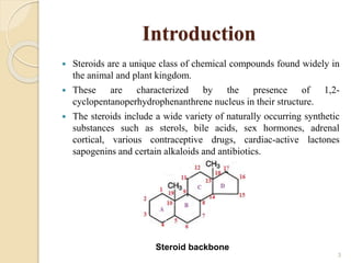 Introduction
 Steroids are a unique class of chemical compounds found widely in
the animal and plant kingdom.
 These are characterized by the presence of 1,2-
cyclopentanoperhydrophenanthrene nucleus in their structure.
 The steroids include a wide variety of naturally occurring synthetic
substances such as sterols, bile acids, sex hormones, adrenal
cortical, various contraceptive drugs, cardiac-active lactones
sapogenins and certain alkaloids and antibiotics.
3
Steroid backbone
 