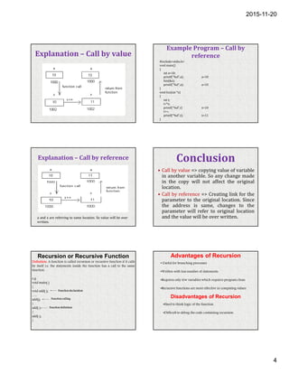 2015-11-20
4
Explanation – Call by value
Example Program – Call by
reference
#include<stdio.h>
void main()
{
int a=10;
printf(“%d”,a); a=10
fun(&a);
printf(“%d”,a); a=10
}
void fun(int *x)
{
int t;
t=*x;
printf(“%d”,t) x=10
t++;
printf(“%d”,t); x=11
}
a and x are referring to same location. So value will be over
written.
Explanation – Call by reference Conclusion
• Call by value => copying value of variable
in another variable. So any change made
in the copy will not affect the original
location.
• Call by reference => Creating link for the
parameter to the original location. Since
the address is same, changes to the
parameter will refer to original location
and the value will be over written.
Recursion or Recursive Function
Definition: A function is called recursion or recursive function if it calls
by itself i.e. the statements inside the function has a call to the same
function.
e.g.
void main( )
{
void add( );
…..
add();
}
add( )
{
add( );
}
Function declaration
Function calling
Function definition
Advantages of Recursion
• Useful for branching processes
•Written with less number of statements.
•Requires only few variables which requires program clean
•Recursive functions are more effective in computing values
Disadvantages of Recursion
•Hard to think logic of the function.
•Difficult to debug the code containing recursion.
 