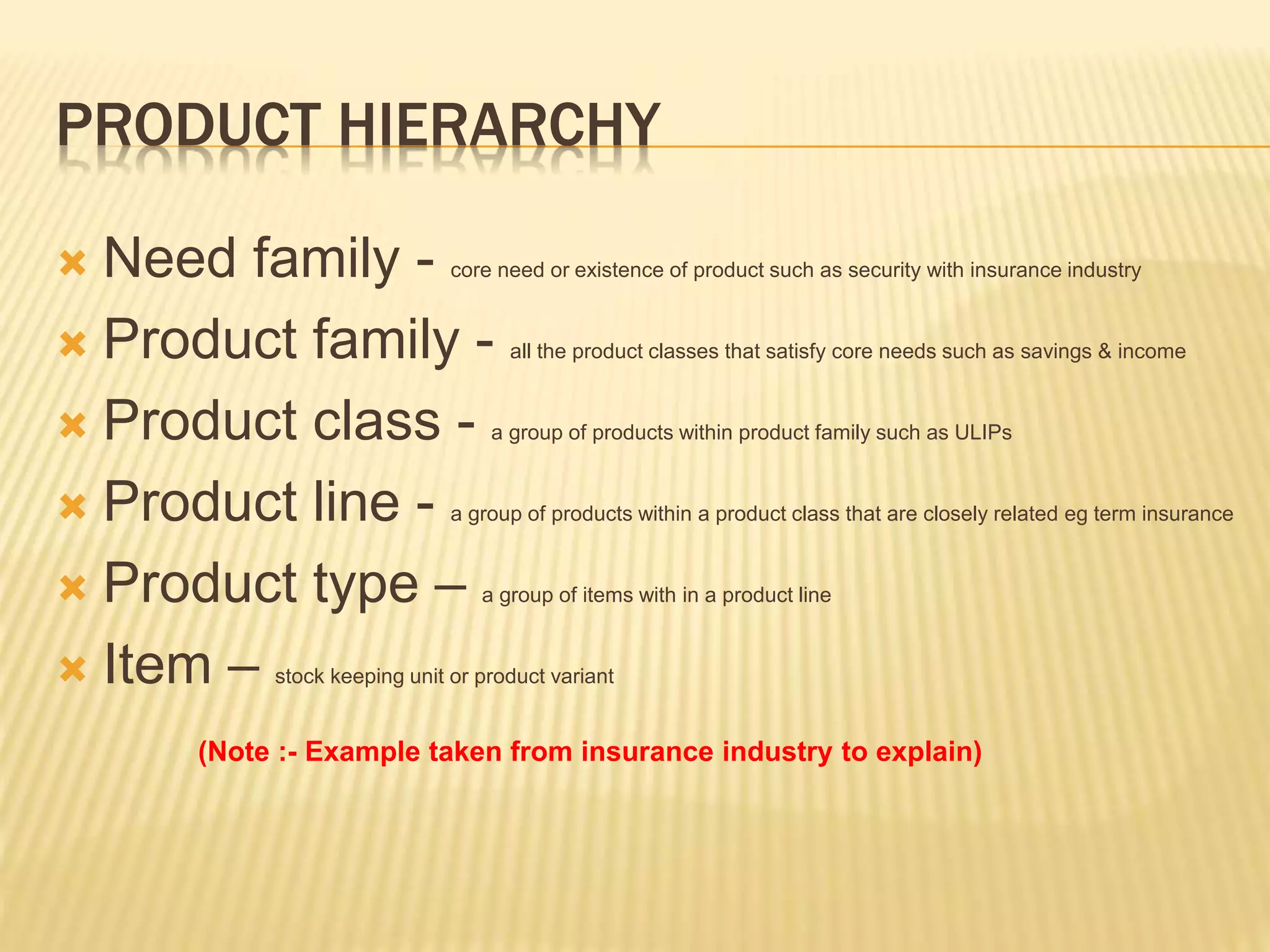 PRODUCT HIERARCHY
 Need family - core need or existence of product such as security with insurance industry
 Product family - all the product classes that satisfy core needs such as savings & income
 Product class - a group of products within product family such as ULIPs
 Product line - a group of products within a product class that are closely related eg term insurance
 Product type – a group of items with in a product line
 Item – stock keeping unit or product variant
(Note :- Example taken from insurance industry to explain)
 