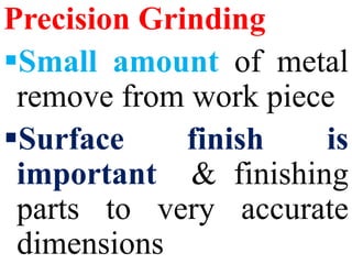 Precision Grinding
Small amount of metal
remove from work piece
Surface finish is
important & finishing
parts to very accurate
dimensions
 
