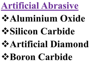 Artificial Abrasive
Aluminium Oxide
Silicon Carbide
Artificial Diamond
Boron Carbide
 