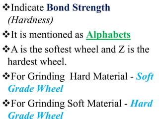 Indicate Bond Strength
(Hardness)
It is mentioned as Alphabets
A is the softest wheel and Z is the
hardest wheel.
For Grinding Hard Material - Soft
Grade Wheel
For Grinding Soft Material - Hard
Grade Wheel
 