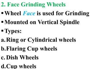 2. Face Grinding Wheels
Wheel Face is used for Grinding
Mounted on Vertical Spindle
Types:
a.Ring or Cylindrical wheels
b.Flaring Cup wheels
c.Dish Wheels
d.Cup wheels
 
