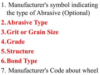 1. Manufacturer's symbol indicating
the type of Abrasive (Optional)
2.Abrasive Type
3.Grit or Grain Size
4.Grade
5.Structure
6.Bond Type
7. Manufacturer's Code about wheel
 