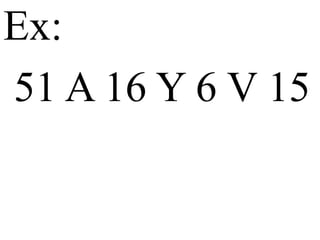 Ex:
51 A 16 Y 6 V 15
 