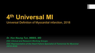4th Universal MI
Universal Definition of Myocardial infarction, 2018
Dr. Han Naung Tun, MBBS, MD
ESC Clinical and Research Working Groups
ESC Representative of the Heart Failure Specialist of Tomorrow for Myanmar
(2018-2020)
 