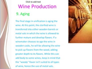 Wine Production
9. Aging
The final stage in vinification is aging the
wine. At this point, the clarified wine is
transferred into either wooden barrels or
metal vats in which the wine is allowed to
further mature and develop flavors. If a
winemaker chooses to age the wine in
wooden casks, he will be allowing the wine
to pick up flavors from the wood, adding
greater depth to its flavors. While this can
add body to some wines, keep in mind that
the “woody” flavor isn’t suited to all types
of wine, hence the use of metal vats.
Click to add text
 