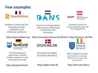 Few examples

http://openedition.org

http://textgrid.de/en

https://easy.dans.knaw.nl/ui/home http://oeaw.ac.at/icltt

http://dighumlab.dk

http://dh.tcd.ie/dhc/

 