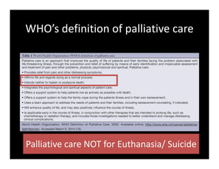 WHO’s definition of palliative care
Palliative care NOT for Euthanasia/ Suicide
 