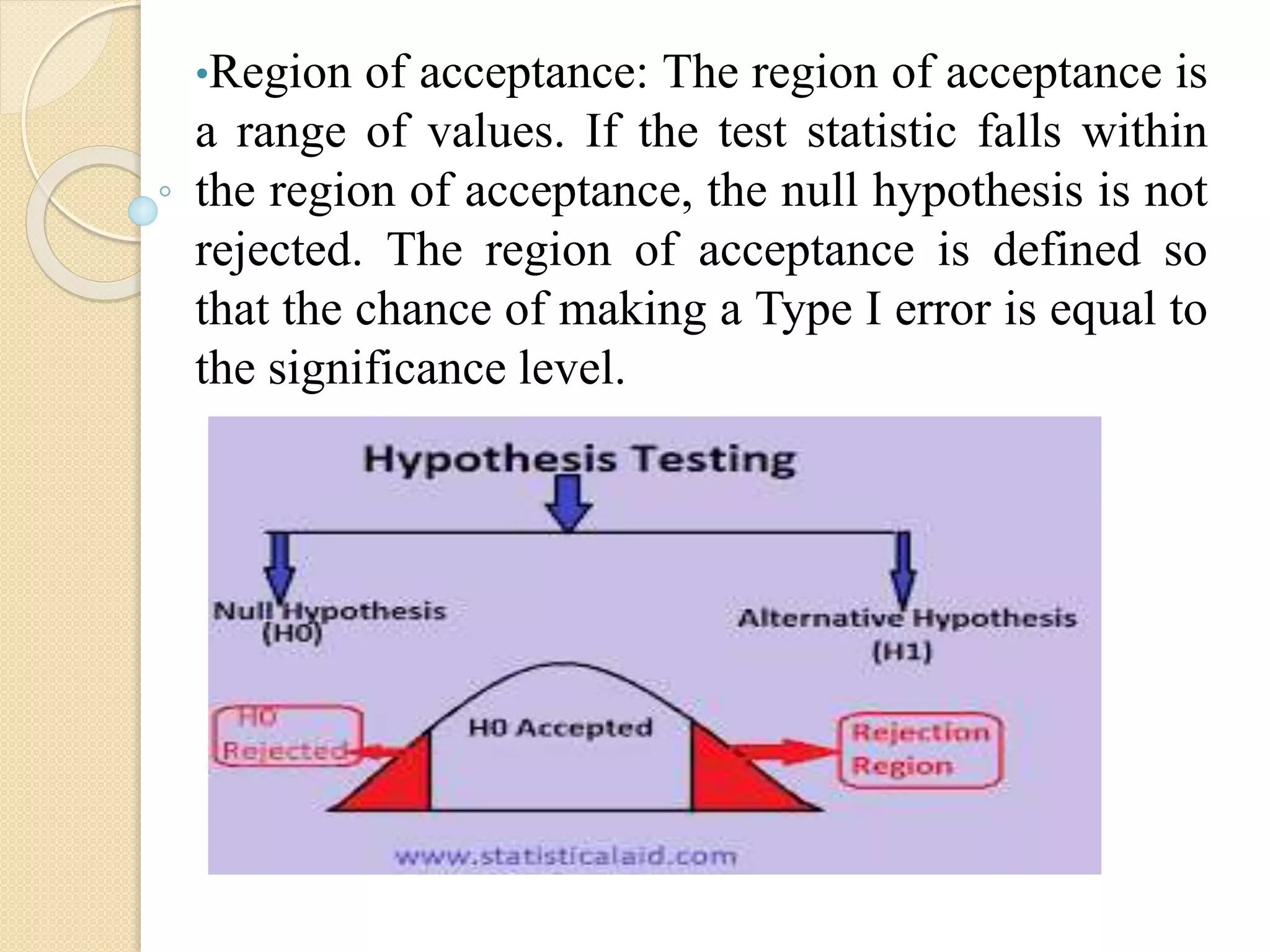 •Region of acceptance: The region of acceptance is
a range of values. If the test statistic falls within
the region of acceptance, the null hypothesis is not
rejected. The region of acceptance is defined so
that the chance of making a Type I error is equal to
the significance level.
 