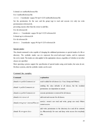 20 
$ chmod a-w ourBestReferenceFile 
$ ls -l ourBestReferenceFile 
-r--r--r-- 2 teamleader usguys 96 Apr 8 12:53 ourBestReferenceFile 
Set the permissions for the user and the group (ug) to read and execute (rx) only (no write 
permission)on referenceLib, 
preventing anyone other than the owner to add files. 
$ ls -ld referenceLib 
drwxr----- 2 teamleader usguys 96 Apr 8 12:53 referenceLib 
$ chmod ug=rx referenceLib 
$ ls -ld referenceLib 
dr-xr-x--- 2 teamleader usguys 96 Apr 8 12:53 referenceLib 
Special modes: 
The chmod command is also capable of changing the additional permissions or special modes of a file or 
directory. The symbolic modes use s to represent the setuid and setgid modes, and t to represent 
the sticky mode. The modes are only applied to the appropriate classes, regardless of whether or not other 
classes are specified. 
Most operating systems support the specification of special modes using octal modes, but some do not. 
On these systems, only the symbolic modes can be used. 
Command line examples: 
Command explanation 
chmod a+r publicComments.txt read is added for all classes (i.e. User, Group and Others). 
chmod +r publicComments.txt 
omitting the class defaults to all classes, but the resultant 
permissions are dependent on umask 
chmod a-x publicComments.txt execute permission is removed for all classes. 
chmod a+rx viewer.sh add read and execute for all classes. 
chmod u=rw,g=r,o= internalPlan.txt 
user(i.e. owner) can read and write, group can read, Others 
cannot access. 
chmod -R u+w,go-w docs 
add write permissions to the directory docs and all its contents 
(i.e. Recursively) for user and deny write access for everybody 
else. 
 