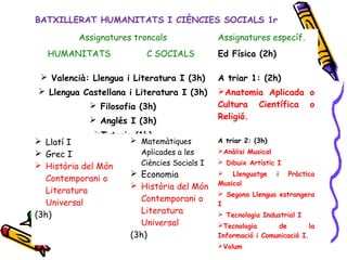 BATXILLERAT HUMANITATS I CIÈNCIES SOCIALS 1r
Assignatures troncals Assignatures específ.
HUMANITATS C SOCIALS Ed Física (2h)
 Valencià: Llengua i Literatura I (3h)
 Llengua Castellana i Literatura I (3h)
 Filosofia (3h)
 Anglés I (3h)
Tutoria (1h)
A triar 1: (2h)
Anatomia Aplicada o
Cultura Científica o
Religió.
 Llatí I
 Grec I
 Història del Món
Contemporani o
Literatura
Universal
(3h)
 Matemàtiques
Aplicades a les
Ciències Socials I
 Economia
 Història del Món
Contemporani o
Literatura
Universal
(3h)
A triar 2: (3h)
Anàlisi Musical
 Dibuix Artístic I
 Llenguatge i Pràctica
Musical
 Segona Llengua estrangera
I
 Tecnologia Industrial I
Tecnologia de la
Informació i Comunicació I.
Volum
 