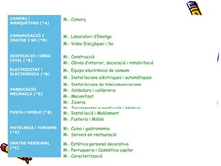 COMERÇ i
MÀRQUETING (*A)
M-. Comerç
COMUNICACIÓ I
IMATGE I SO (*B)
M-. Laboratori d’Imatge
M.- Video Discjòquei i So
EDIFICACIÓ i OBRA
CIVIL (*B)
M-. Construcció
M-. Obres d’interior, decoració i rehabiitació
ELECTRICITAT i
ELECTRÒNICA (*B)
M-. Equips electrònics de consum
M-. Instal·lacions elèctriques i automàtiques
M-. Instal·lacions de telecomunicacions
FABRICACIÓ
MECÀNICA (*B)
M-. Soldadura i caldereria
M-. Mecanitzat
M-. Joieria
M-. Tractaments superficials i tèrmics
FUSTA i MOBLE (*B) M-. Instal·lació i Moblament
M-. Fusteria i Moble
HOTELERIA i TURISME
(*A)
M-. Cuina i gastronomia
M-. Serveis en restauració
IMATGE PERSONAL
(*C)
M-. Estètica personal decorativa
M-. Perruqueria i Cosmètica capilar
M-. Caracterització
 