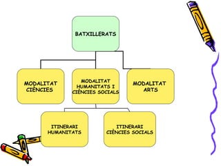 BATXILLERATS
MODALITAT
CIÈNCIES
MODALITAT
HUMANITATS I
CIÈNCIES SOCIALS
MODALITAT
ARTS
ITINERARI
HUMANITATS
ITINERARI
CIÈNCIES SOCIALS
 