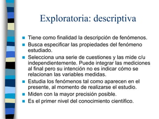 Exploratoria: descriptiva
 Tiene como finalidad la descripción de fenómenos.
 Busca especificar las propiedades del fenómeno
estudiado.
 Selecciona una serie de cuestiones y las mide c/u
independientemente. Puede integrar las mediciones
al final pero su intención no es indicar cómo se
relacionan las variables medidas.
 Estudia los fenómenos tal como aparecen en el
presente, al momento de realizarse el estudio.
 Miden con la mayor precisión posible.
 Es el primer nivel del conocimiento científico.
 