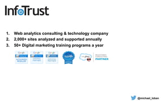 Consider:
1.  Web analytics consulting & technology company
2.  2,000+ sites analyzed and supported annually
3.  50+ Digital marketing training programs a year
@michael_loban
 
