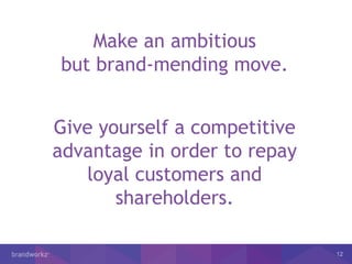 12
Make an ambitious
but brand-mending move.
Give yourself a competitive
advantage in order to repay
loyal customers and
shareholders.
 