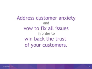 6
Address customer anxiety
and
vow to fix all issues
in order to
win back the trust
of your customers.
 