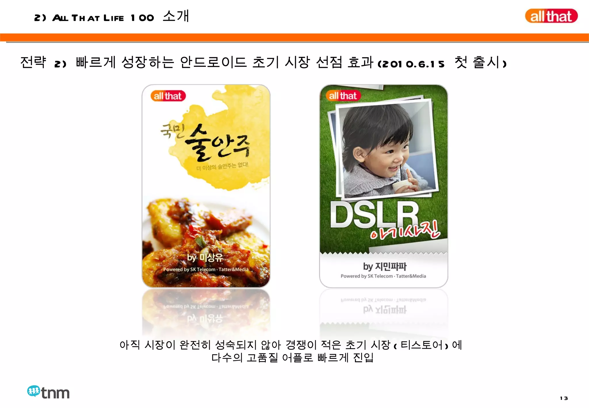 전략  2)  빠르게 성장하는 안드로이드 초기 시장 선점 효과 (2010.6.15  첫 출시 ) 아직 시장이 완전히 성숙되지 않아 경쟁이 적은 초기 시장 ( 티스토어 ) 에  다수의 고품질 어플로 빠르게 진입 2) All That Life 100  소개 