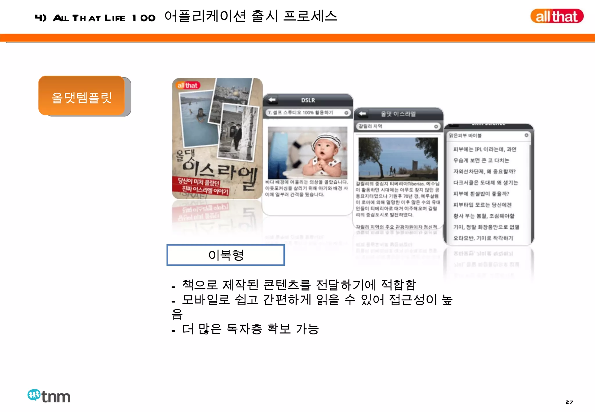 - 책으로 제작된 콘텐츠를 전달하기에 적합함 - 모바일로 쉽고 간편하게 읽을 수 있어 접근성이 높음 - 더 많은 독자층 확보 가능 4) All That Life 100  어플리케이션 출시 프로세스 올댓템플릿 이북형 