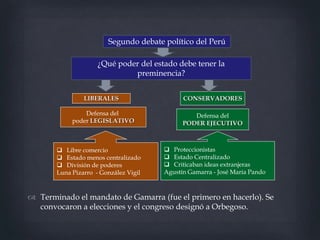 LIBERALES CONSERVADORES
Defensa del
poder LEGISLATIVO
Defensa del
PODER EJECUTIVO
 Libre comercio
 Estado menos centralizado
 División de poderes
Luna Pizarro - González Vigil
 Proteccionistas
 Estado Centralizado
 Criticaban ideas extranjeras
Agustín Gamarra - José María Pando
Segundo debate político del Perú
¿Qué poder del estado debe tener la
preminencia?
 Terminado el mandato de Gamarra (fue el primero en hacerlo). Se
convocaron a elecciones y el congreso designó a Orbegoso.
 