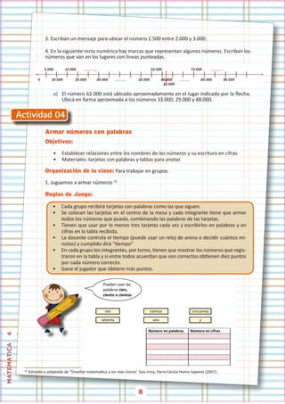 8
MATEMATICA
4
3. Escriban un mensaje para ubicar el número 2.500 entre 2.000 y 3.000.
4. En la siguiente recta numérica hay marcas que representan algunos números. Escriban los
números que van en los lugares con líneas punteadas.
a) El número 62.000 está ubicado aproximadamente en el lugar indicado por la flecha.
Ubicá en forma aproximada a los números 33.000; 29.000 y 88.000.
Armar números con palabras
Objetivos:
• Establecer relaciones entre los nombres de los números y su escritura en cifras.
• Materiales: tarjetas con palabras y tablas para anotar.
Organización de la clase: Para trabajar en grupos.
1. Juguemos a armar números (2)
Reglas de Juego:
• Cada grupo recibirá tarjetas con palabras como las que siguen.
• Se colocan las tarjetas en el centro de la mesa y cada integrante tiene que armar
todos los números que pueda, combinando las palabras de las tarjetas.
• Tienen que usar por lo menos tres tarjetas cada vez y escribirlos en palabras y en
cifras en la tabla recibida.
• La docente controla el tiempo (puede usar un reloj de arena o decidir cuántos mi-
nutos) y cumplido dirá “tiempo”
• En cada grupo los integrantes, por turno, tienen que mostrar los números que regis-
traron en la tabla y si entre todos acuerdan que son correctos obtienen diez puntos
por cada número correcto.
• Gana el jugador que obtiene más puntos.
(2)
Extraído y adaptado de “Enseñar matemática a los más chicos” Saiz Irma, Parra Cecilia Homo Sapiens (2007).
 