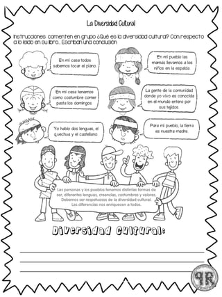 La Diversidad Cultural
Instrucciones: comenten en grupo ¿Qué es la diversidad cultural? Con respecto
a lo leído en su libro… Escriban una conclusión
Diversidad Cultural:
 