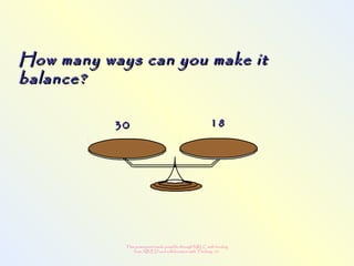 This powerpoint made possible through NRLC with funding
from AB ED and collaboration with Thinking 101
3030 1818
How many ways can you make itHow many ways can you make it
balance?balance?
 