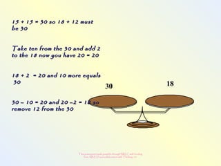 This powerpoint made possible through NRLC with funding
from AB ED and collaboration with Thinking 101
30 18
15 + 15 = 30 so 18 + 12 must15 + 15 = 30 so 18 + 12 must
be 30be 30
Take ten from the 30 and add 2Take ten from the 30 and add 2
to the 18 now you have 20 = 20to the 18 now you have 20 = 20
18 + 2 = 20 and 10 more equals18 + 2 = 20 and 10 more equals
3030
30 – 10 = 20 and 20 –2 = 18 so30 – 10 = 20 and 20 –2 = 18 so
remove 12 from the 30remove 12 from the 30
 