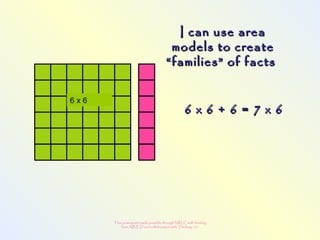 This powerpoint made possible through NRLC with funding
from AB ED and collaboration with Thinking 101
I can use areaI can use area
models to createmodels to create
“families” of facts“families” of facts
6 x 6 + 6 = 7 x 66 x 6 + 6 = 7 x 6
6 x 6
 